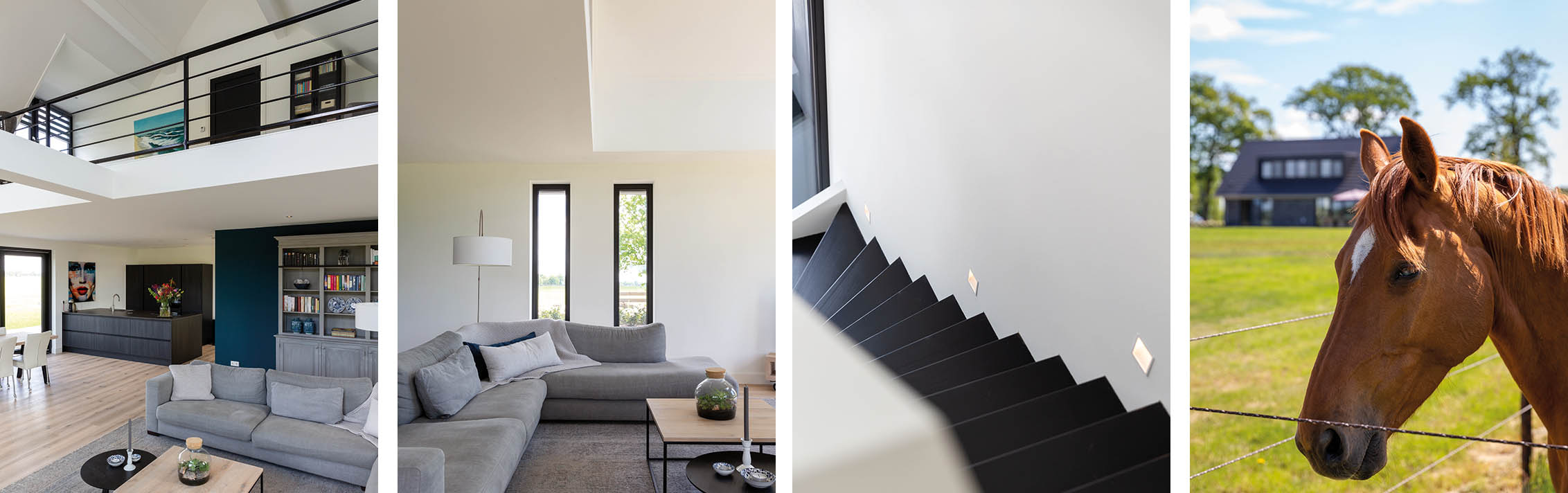 De woonruimte met keuken is ruimtelijke door het hoge plafond met vide - trap - in harmonie met de omgeving